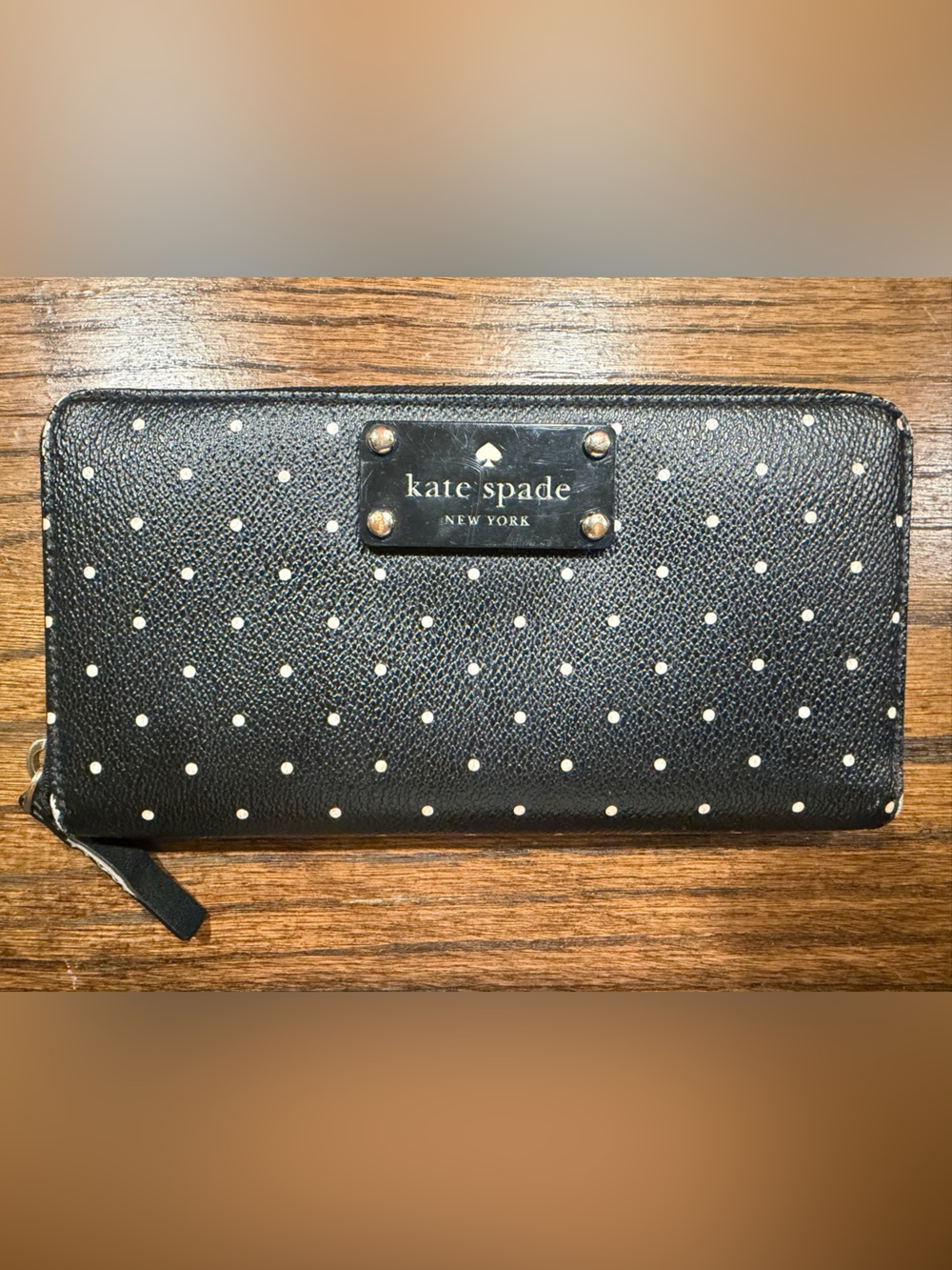 kate spade Black with White Polka Dots Zip-Around Wallet